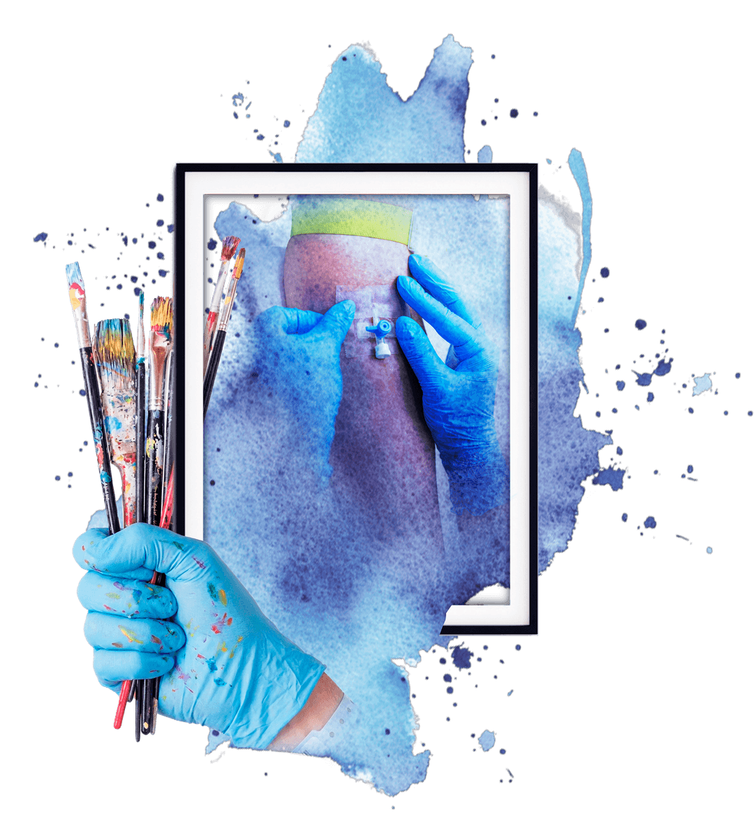 Watercolour artwork featuring a gloved hand and paintbrushes